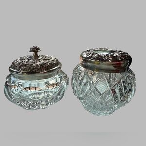 Vintage Crystal Vanity Jars with Silver-Plate Repoussé Lids, Set of Two